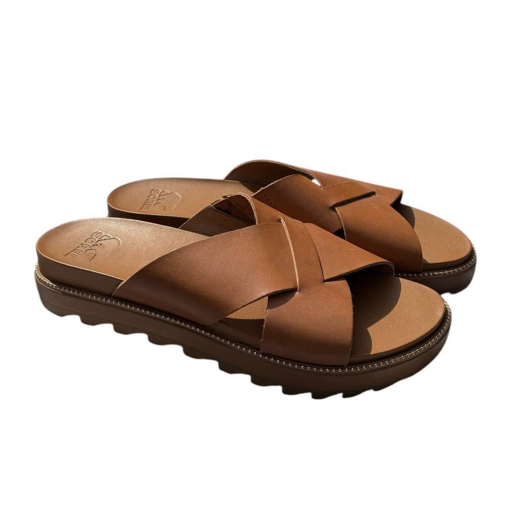 Sorel Brown Leather Crisscross Slide Sandals